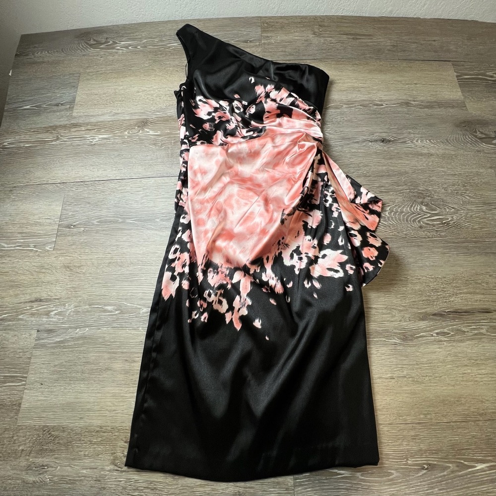 London Times One Shoulder Dress Womens 4 Black Pink Satin Floral Cocktail Party